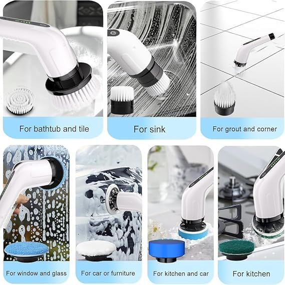 Electric Spin Scrubber, Cordless Cleaning Brush with 8 Replaceable Brush Heads