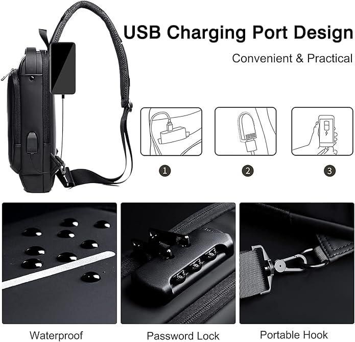 Unisex Anti-Theft Waterproof Crossbody Chest Bag with USB Charging Port