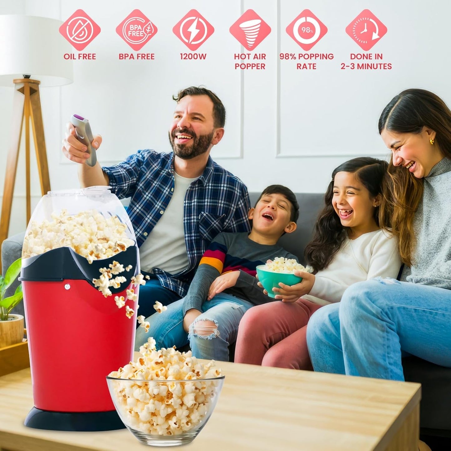 Hot Air Popcorn Maker with 1200W Motor, One-Touch Operation, Butter Melter, Measuring Cup, Low-Fat Oil-Free Popping