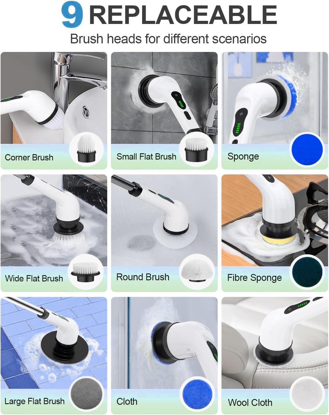 Electric Spin Scrubber, Cordless Cleaning Brush with 8 Replaceable Brush Heads