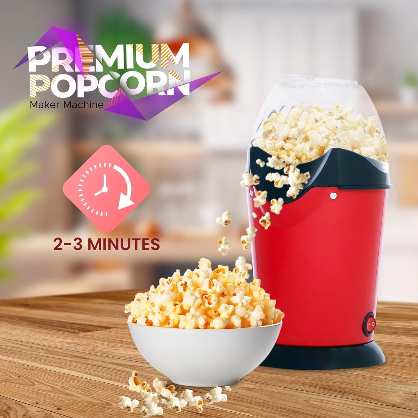 Hot Air Popcorn Maker with 1200W Motor, One-Touch Operation, Butter Melter, Measuring Cup, Low-Fat Oil-Free Popping