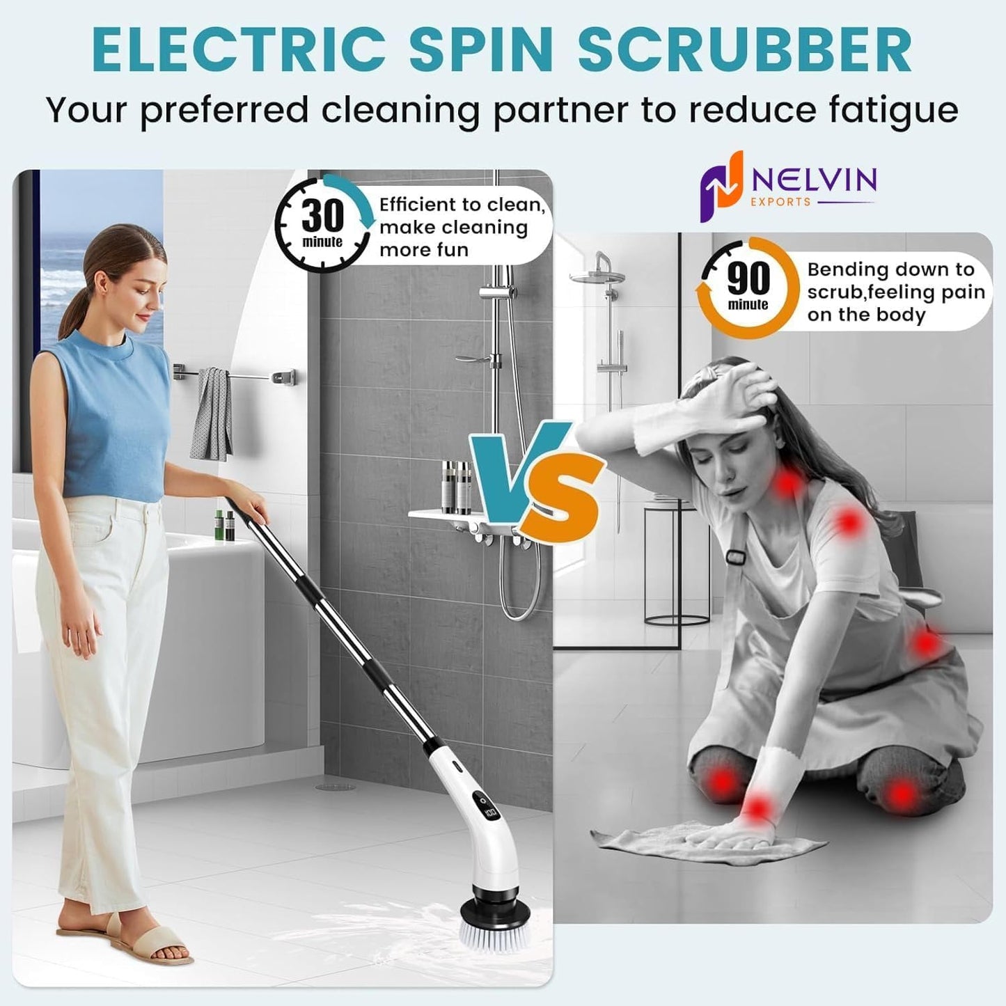 Electric Spin Scrubber, Cordless Cleaning Brush with 8 Replaceable Brush Heads