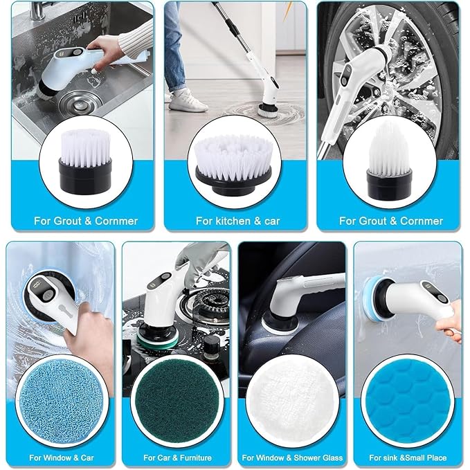 Electric Spin Scrubber, Cordless Cleaning Brush with 8 Replaceable Brush Heads