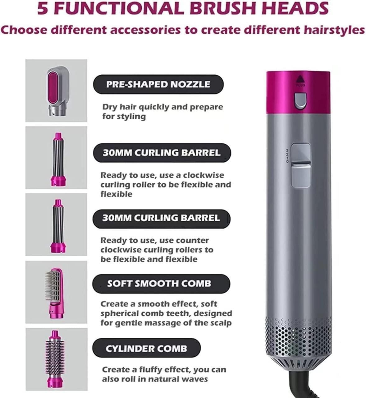 Multifunctional 5 IN 1 Hair Styling Tool Detachable Hot Air Brush Hair Dryer with Comb (2 YEARS WARRANTY)