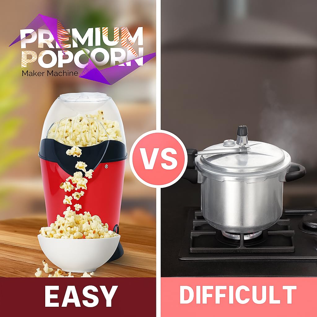Hot Air Popcorn Maker with 1200W Motor, One-Touch Operation, Butter Melter, Measuring Cup, Low-Fat Oil-Free Popping
