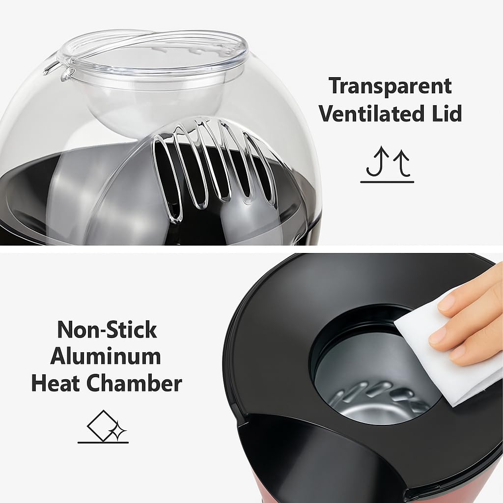 Hot Air Popcorn Maker with 1200W Motor, One-Touch Operation, Butter Melter, Measuring Cup, Low-Fat Oil-Free Popping