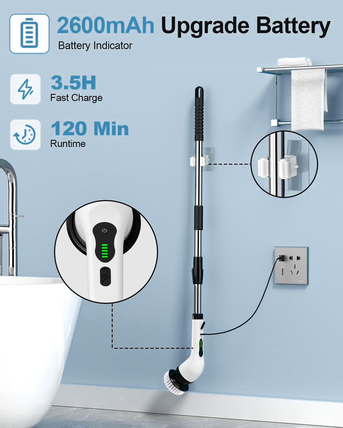Electric Spin Scrubber, Cordless Cleaning Brush with 8 Replaceable Brush Heads