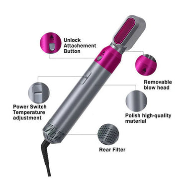 Multifunctional 5 IN 1 Hair Styling Tool Detachable Hot Air Brush Hair Dryer with Comb (2 YEARS WARRANTY)